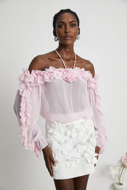 Amara Pink Ruffled Halter Blouse with 3D Floral Appliqué in American English