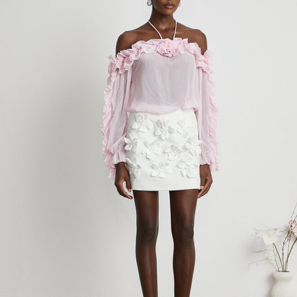 Amara Pink Ruffled Halter Blouse with 3D Floral Appliqué