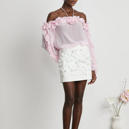 Amara Pink Ruffled Halter Blouse with 3D Floral Appliqué