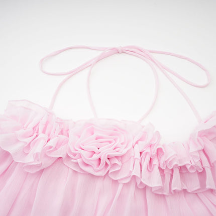 Amara Pink Ruffled Halter Blouse with 3D Floral Appliqué