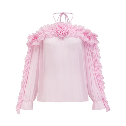 Amara Pink Ruffled Halter Blouse with 3D Floral Appliqué