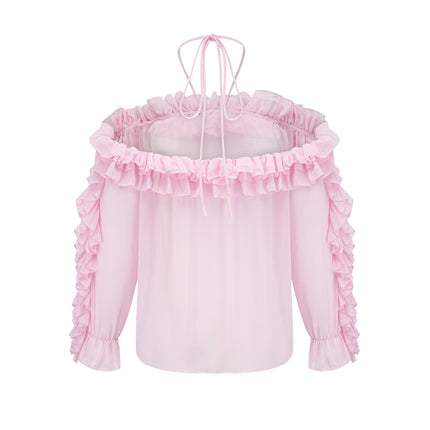 Amara Pink Ruffled Halter Blouse with 3D Floral Appliqué