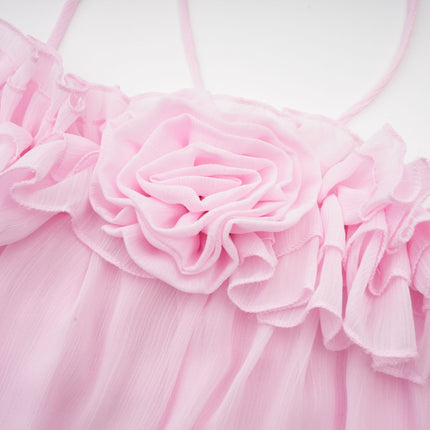 Amara Pink Ruffled Halter Blouse with 3D Floral Appliqué