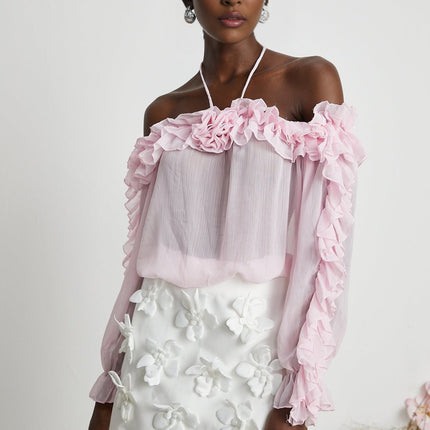 Amara Pink Ruffled Halter Blouse with 3D Floral Appliqué