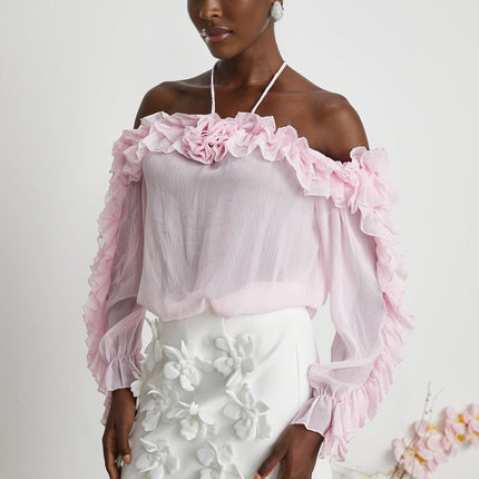 Amara Pink Ruffled Halter Blouse with 3D Floral Appliqué