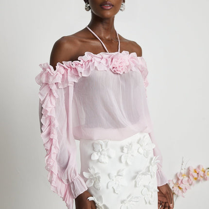 Amara Pink Ruffled Halter Blouse with 3D Floral Appliqué