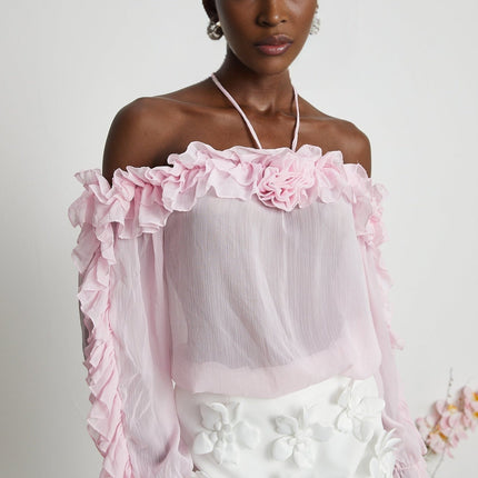 Amara Pink Ruffled Halter Blouse with 3D Floral Appliqué