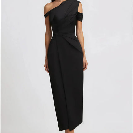 Amarante Black One Shoulder Asymmetrical Midi Dress