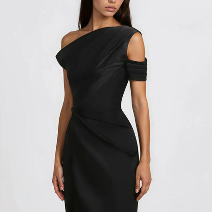 Amarante Black One Shoulder Asymmetrical Midi Dress