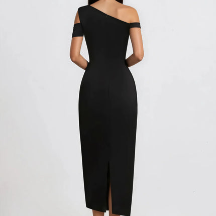 Amarante Black One Shoulder Asymmetrical Midi Dress