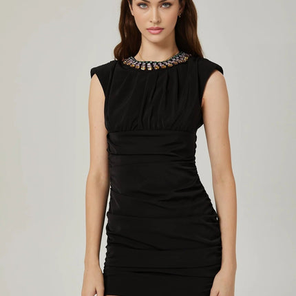 Amari Black Crystal Embellished Ruched Mini Dress