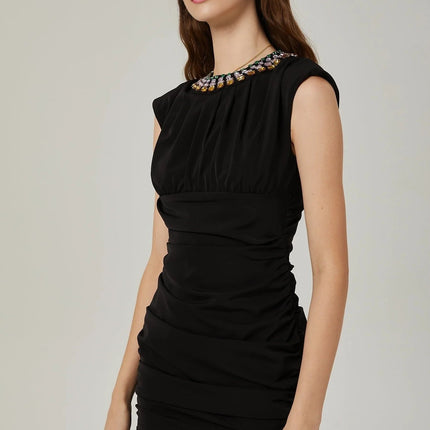 Amari Black Crystal Embellished Ruched Mini Dress