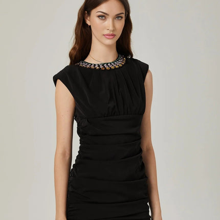 Amari Black Crystal Embellished Ruched Mini Dress