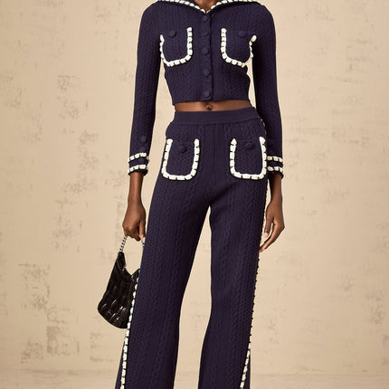 Amari Navy Blue & White Crochet Knit Cardigan Trousers Set