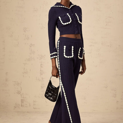 Amari Navy Blue & White Crochet Knit Cardigan Trousers Set