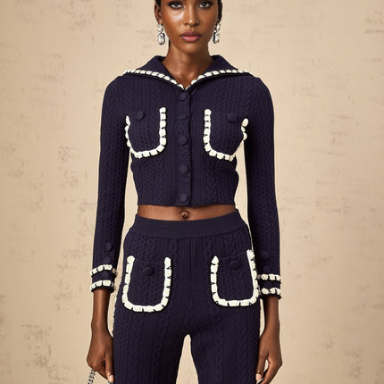 Amari Navy Blue & White Crochet Knit Cardigan Trousers Set