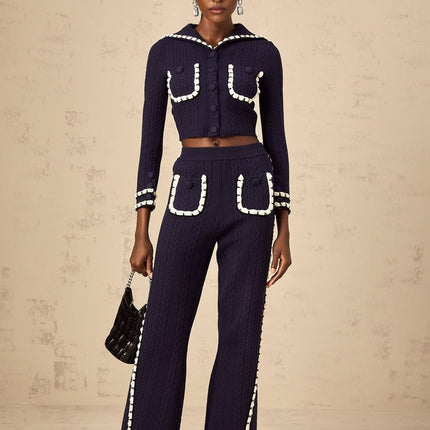 Amari Navy Blue & White Crochet Knit Cardigan Trousers Set