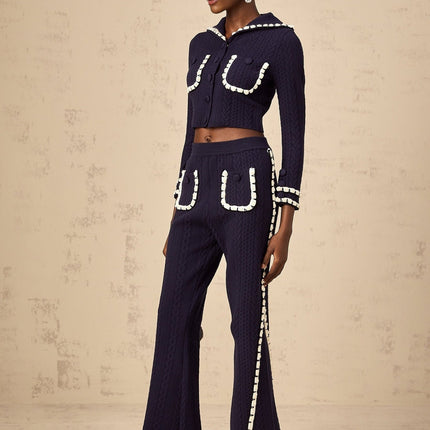 Amari Navy Blue & White Crochet Knit Cardigan Trousers Set
