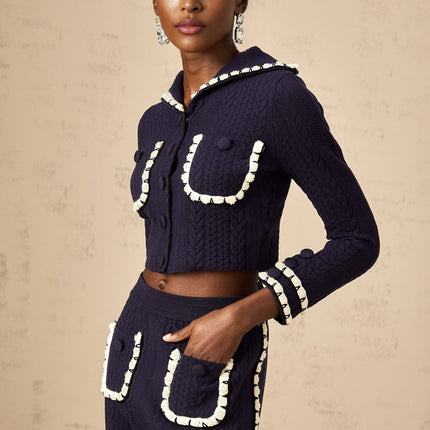 Amari Navy Blue & White Crochet Knit Cardigan Trousers Set