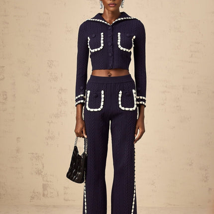 Amari Navy Blue & White Crochet Knit Cardigan Trousers Set