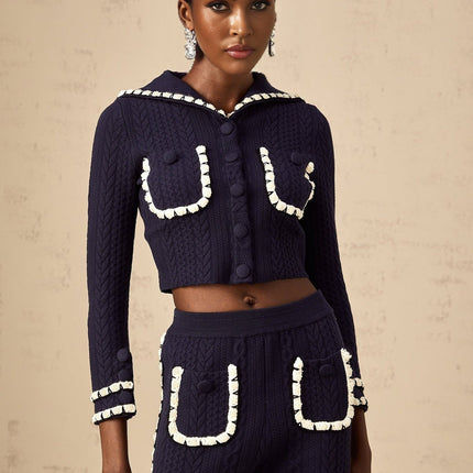 Amari Navy Blue & White Crochet Knit Cardigan Trousers Set