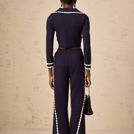 Amari Navy Blue & White Crochet Knit Cardigan Trousers Set