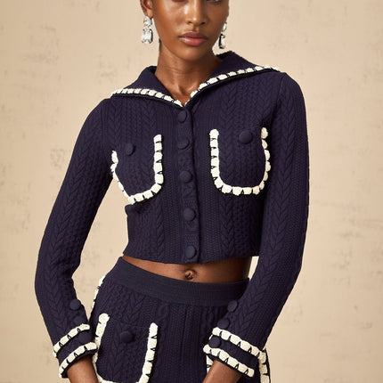 Amari Navy Blue & White Crochet Knit Cardigan Trousers Set