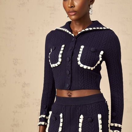 Amari Navy Blue & White Crochet Knit Cardigan Trousers Set