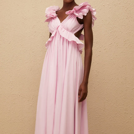 Amari Pink Maxi Dress with V-Neck and Ruffled Cap Sleeves