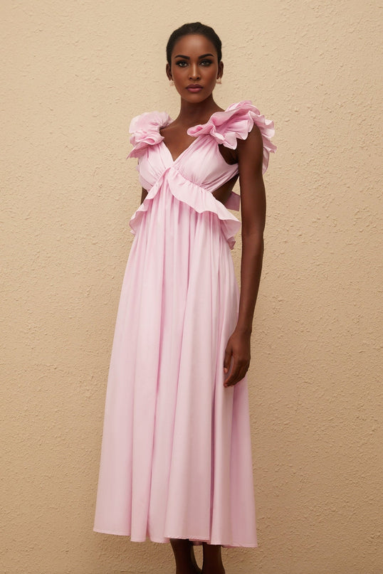 Amari Pink Maxi Dress with V-Neck and Ruffled Cap Sleeves
