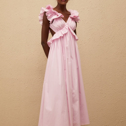 Amari Pink Maxi Dress with V-Neck and Open Back