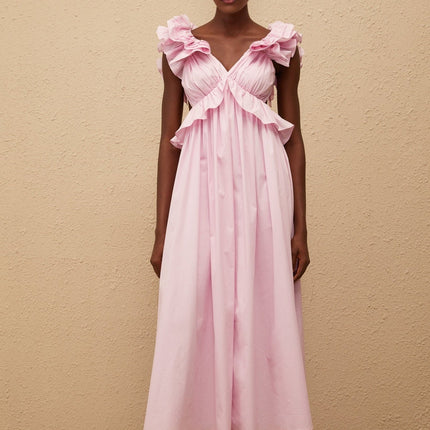 Amari Pink Maxi Dress with V-neck and ruffled cap sleeves