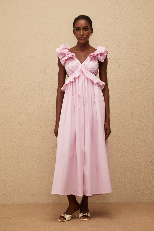 Amari Pink Maxi Dress with V-neck and ruffled cap sleeves