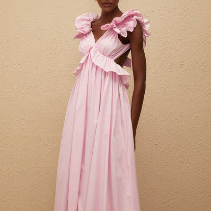 Amari Pink Maxi Dress V-neck Ruffled Cap Sleeves Open Back Peplum Waist Shirred Self-tie Side Slit Pockets Rear Clasp Zip Fastening 100% Terylene Fiber
