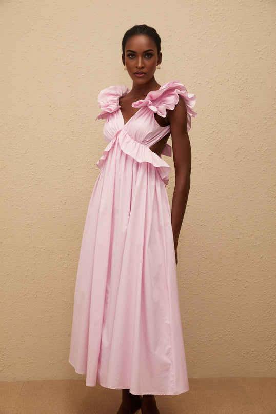 Amari Pink Maxi Dress V-neck Ruffled Cap Sleeves Open Back Peplum Waist Shirred Self-tie Side Slit Pockets Rear Clasp Zip Fastening 100% Terylene Fiber