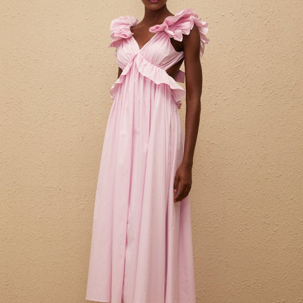 Amari Pink Maxi Dress V-neck Ruffled Cap Sleeves Open Back Peplum Waist Shirred Self-tie Side Slit Pockets Clasp Zip Fastening Terylene Fiber