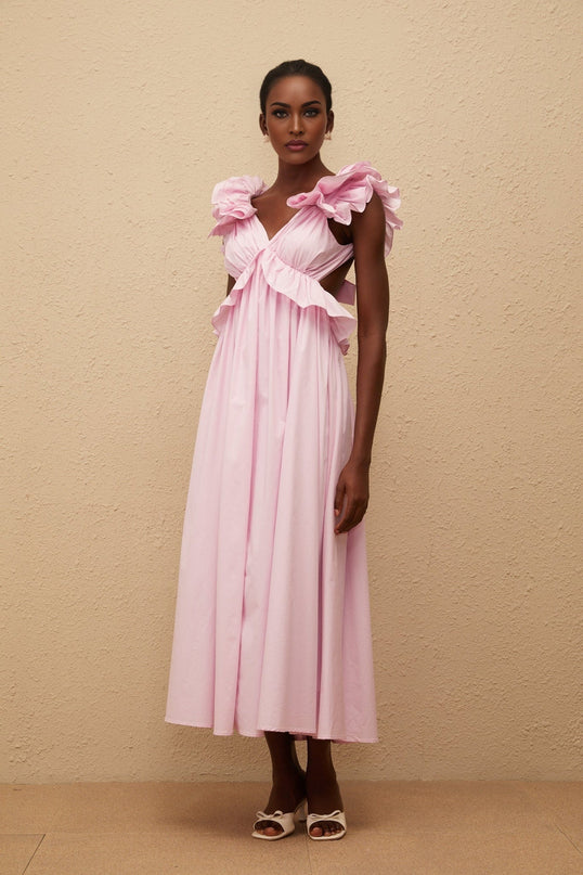 Amari Pink Maxi Dress V-neck Ruffled Cap Sleeves Open Back Peplum Waist Shirred Self-tie Side Slit Pockets Clasp Zip Fastening Terylene Fiber
