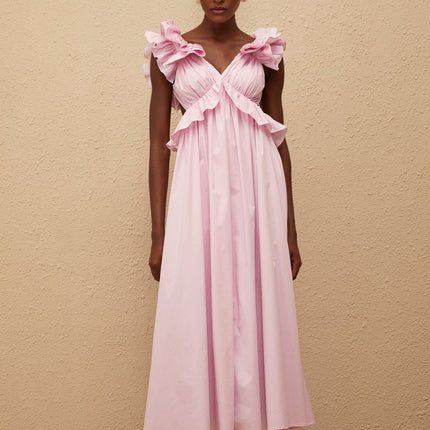 Amari Pink Maxi Dress V-neck Ruffled Cap Sleeves Open Back Peplum Waist Shirred Self-tie Side Slit Pockets Clasp Zip Fastening Terylene Fiber