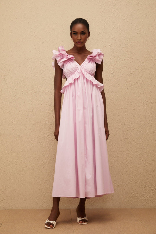 Amari Pink Maxi Dress V-neck Ruffled Cap Sleeves Open Back Peplum Waist Shirred Self-tie Side Slit Pockets Clasp Zip Fastening Terylene Fiber