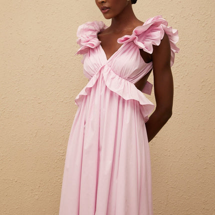 Amari Pink Maxi Dress V-neck Ruffled Cap Sleeves Open Back Peplum Waist Shirred Self-tie Side Slit Pockets Rear Clasp Zip Fastening 100% Terylene Fiber