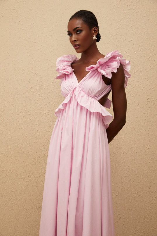 Amari Pink Maxi Dress V-neck Ruffled Cap Sleeves Open Back Peplum Waist Shirred Self-tie Side Slit Pockets Rear Clasp Zip Fastening 100% Terylene Fiber