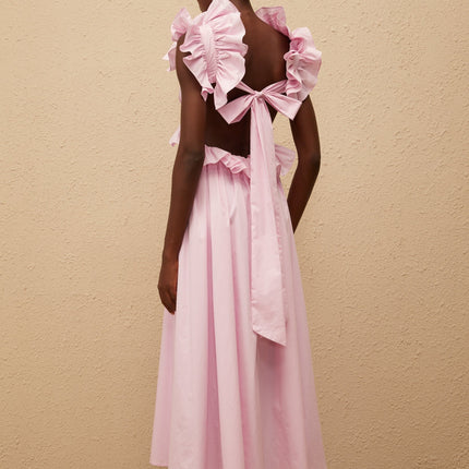 Amari Pink Maxi Dress V-neck Ruffled Cap Sleeves Open Back Peplum Waist Shirred Self-tie Side Slit Pockets Rear Clasp Zip Fastening 100% Terylene Fiber