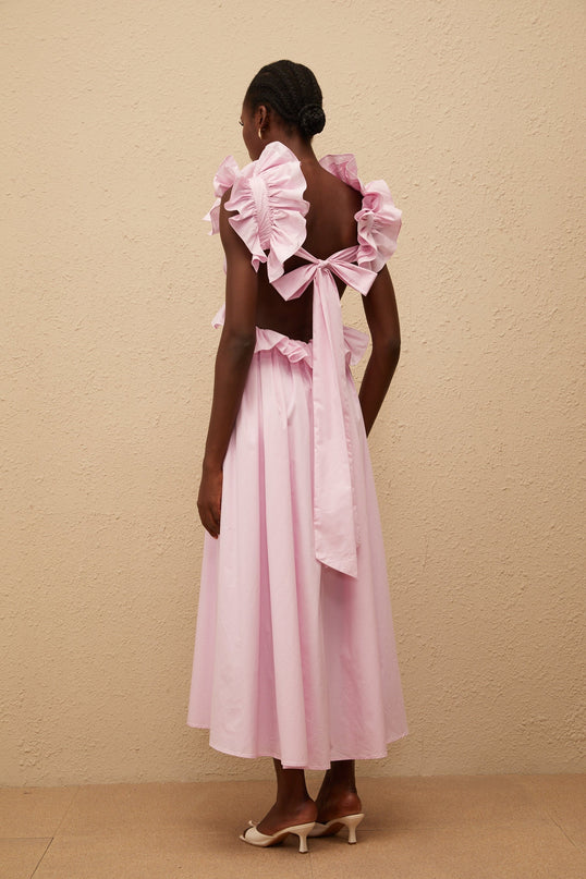 Amari Pink Maxi Dress V-neck Ruffled Cap Sleeves Open Back Peplum Waist Shirred Self-tie Side Slit Pockets Rear Clasp Zip Fastening 100% Terylene Fiber