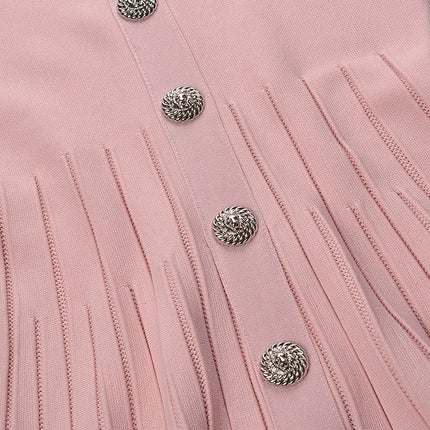 Amari Soft Pastel Pink A-line Dress with Decorative Buttons and Pleated Texture