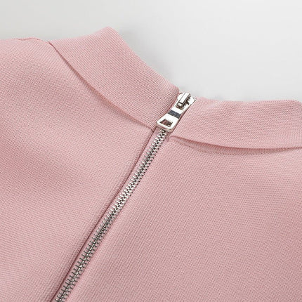 Amari Soft Pastel Pink Knit A-Line Dress with Decorative Buttons and Pleated Texture
