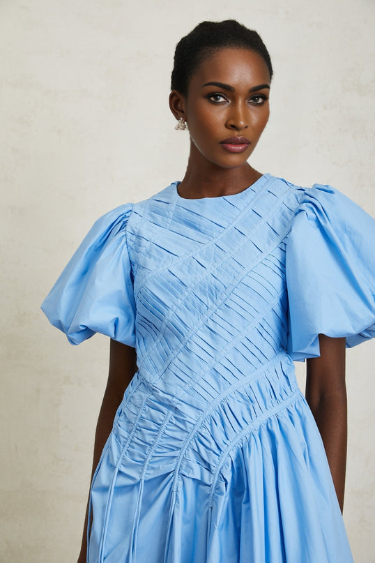 Amaryllis Blue Ruched Drawstring Hem Mini Dress