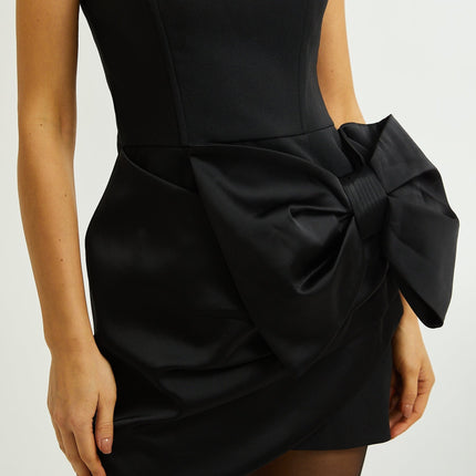 Amaya Black Strapless Mini Dress with Bow Detail and Asymmetric Hem
