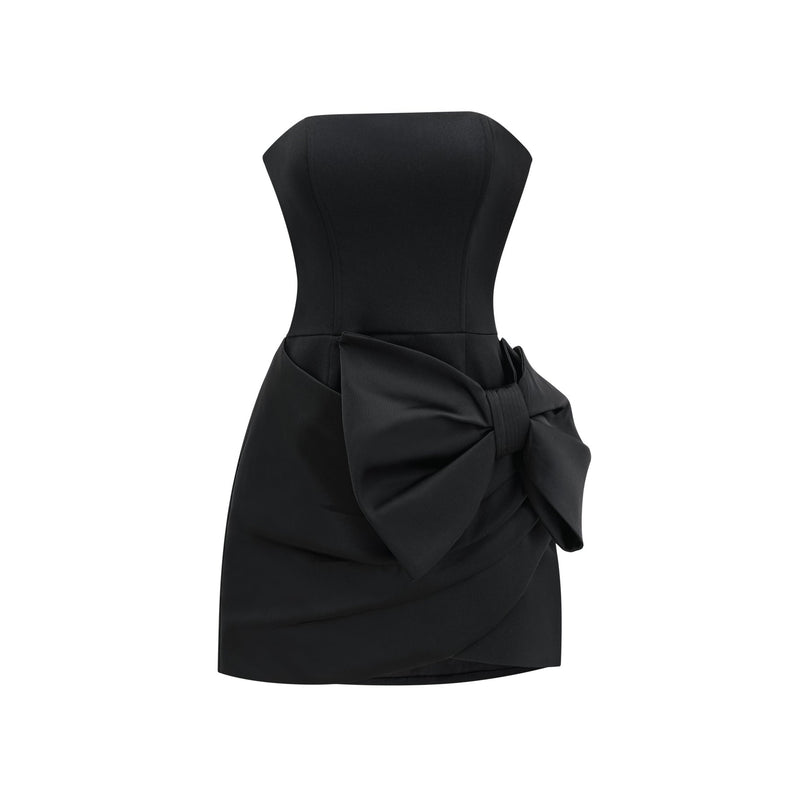 Amaya Black Strapless Mini Dress with Bowknot Detailing and Asymmetric Hem