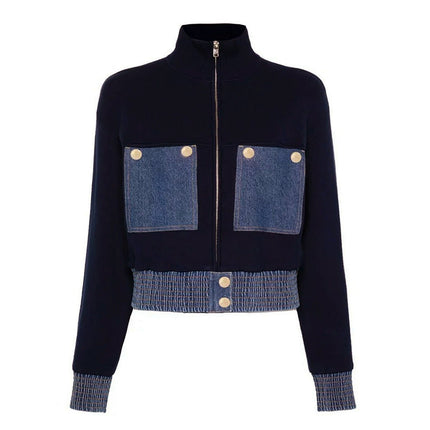 Amaya Blue Knit and Denim Zip-Up Jacket with Buttoned Pockets and Ribbed Cuffs