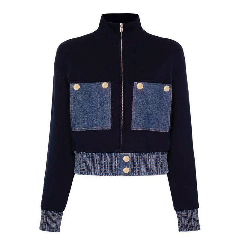 Amaya Blue Knit and Denim Zip-Up Jacket with Buttoned Pockets and Ribbed Cuffs